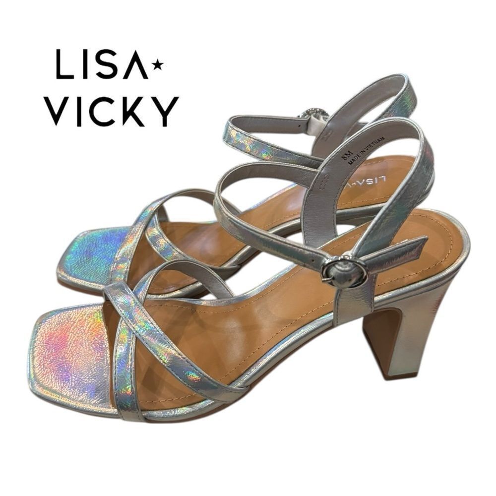 New Lisa Vicky “Vision” Silver Iridescent Strappy Heeled Sandals 8